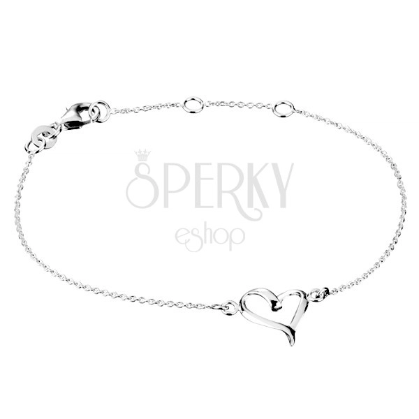 Silver wrist chainlet with bent outline of heart