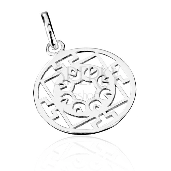 Silver pendant - circle with flowers and T-pattern