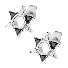 Earrings made of 316L steel, Star of David composed of clear and black zircons