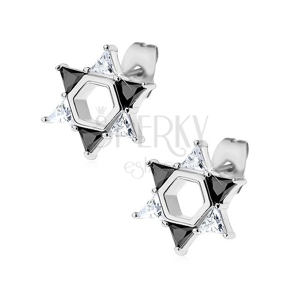 Earrings made of 316L steel, Star of David composed of clear and black zircons