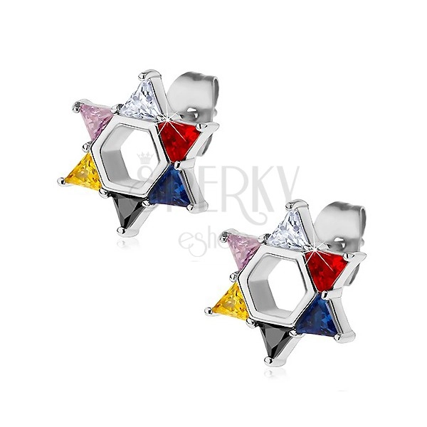 Steel earrings, Star of David composed of coloured zircons