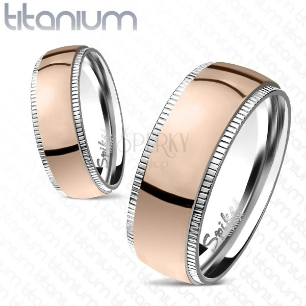 Band made of titanium in pink-gold color - knurled border