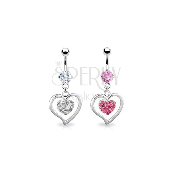 Steel belly ring - smooth steel heart and zirconic heart