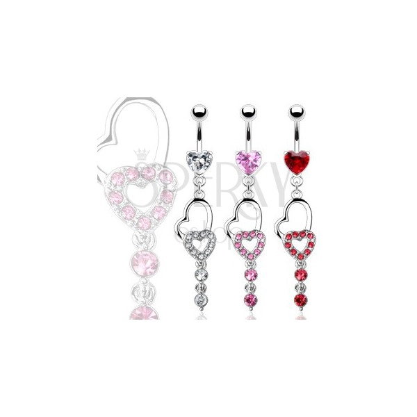 Belly ring - two hearts and two dangle zircons