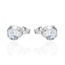 Silver stud earrings with round clear zircon, 7 mm