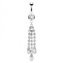 Belly piercing made of steel - hanging chain with clear zircons, round zircon within a ball