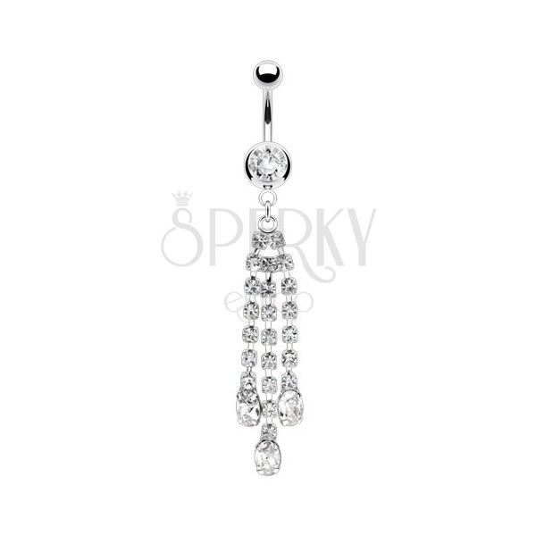 Belly piercing made of steel - hanging chain with clear zircons, round zircon within a ball