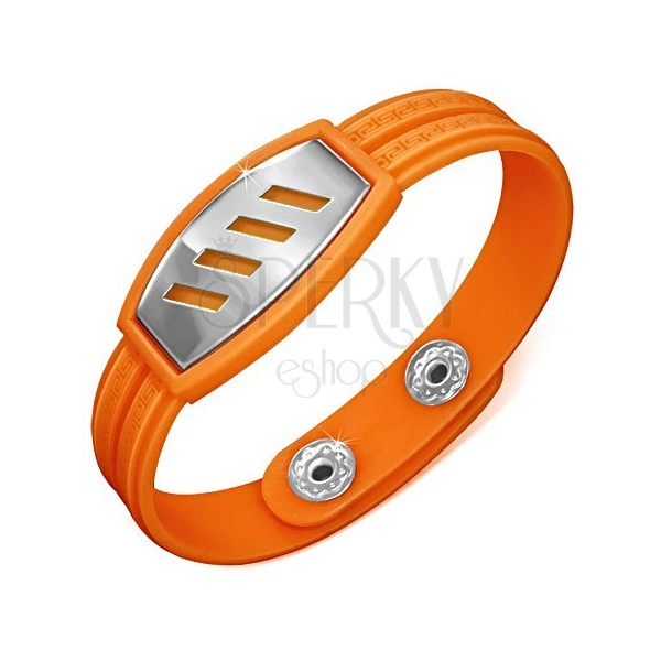 Orange rubber bracelet - diagonal cut-outs on plate, Greek key