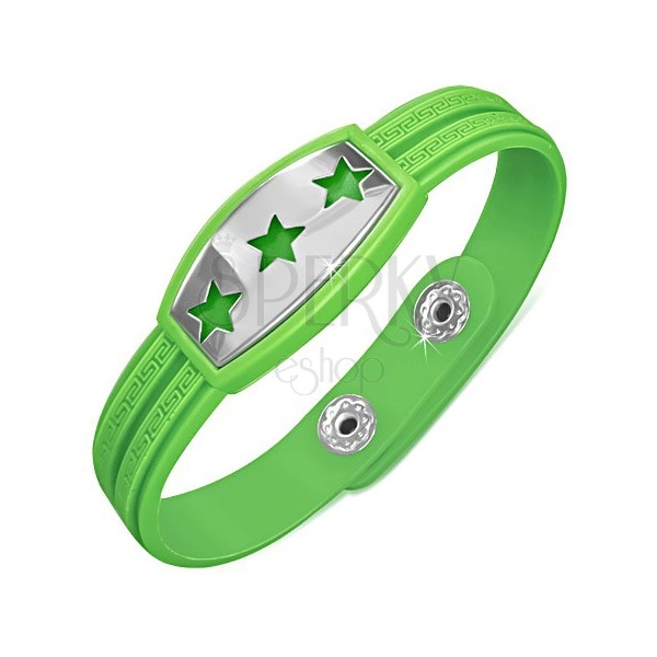 Green rubber bracelet - stars on plate, Greek key
