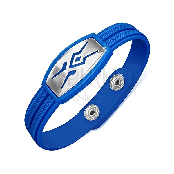 Rubber bracelet in blue colour, plate with tribal pattern
