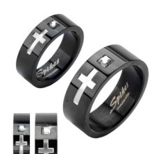 Black stainless steel band with cross and big zircon