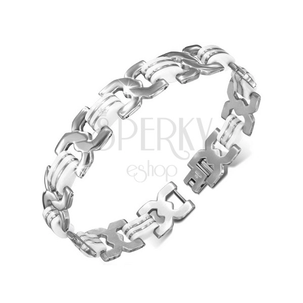 Steel bracelet - twisted X links, white rubber stripes