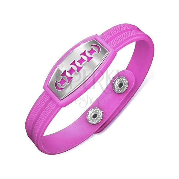 Purple bracelet made of rubber with circle cut-outs on tag