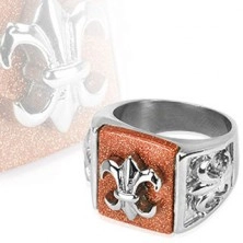 Steel ring with Fleur de Lis symbol on glittering background