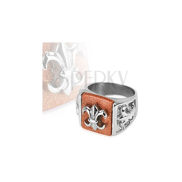 Steel ring with Fleur de Lis symbol on glittering background