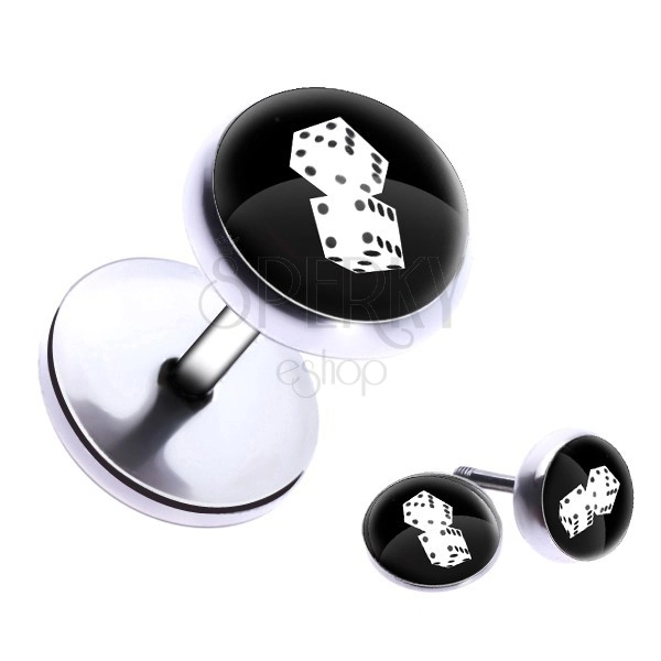Round fake ear plug made of steel - dice, glaze