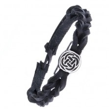 Black leather bracelet - plait, Celtic knot in circle