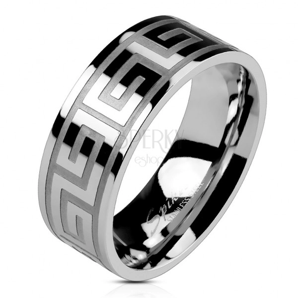 Wedding ring made of steel of silver colour, shiny surface, Greek key, 8 mm