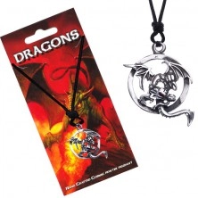 Black string necklace with a flying dragon in a circle