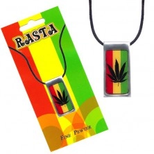 Necklace, rectangular tag with cannabis leaf, Rastafarian colours