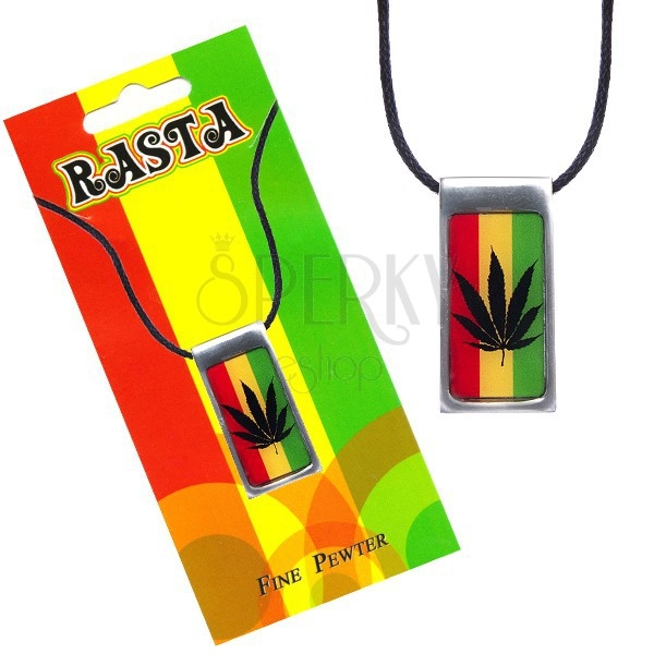 Necklace, rectangular tag with cannabis leaf, Rastafarian colours
