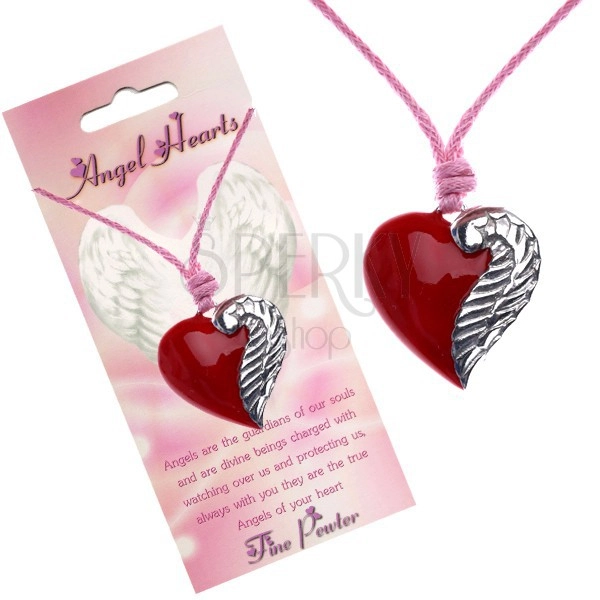 String necklace with red heart pendant and wing