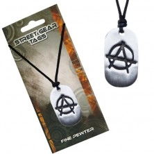 Black necklace, polished metal pendant, anarchy symbol