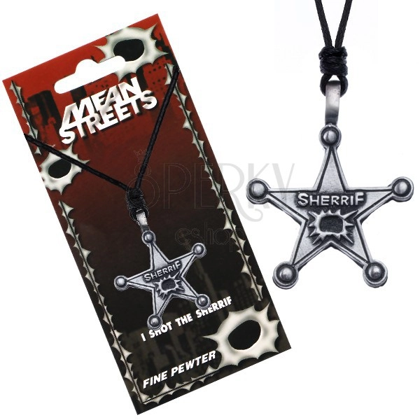 String necklace, metal badge, star, inscription Sherrif 