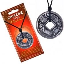 Black string necklace - pendant, Chinese coin, zodiac