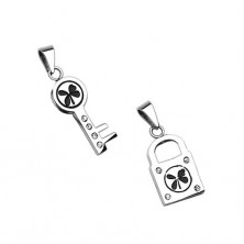 Stainless steel pendants - key and padlock with four-leaf clover