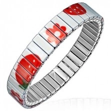 Beige steel bracelet with motif of red flowers and strawberries