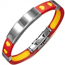 Red and yellow rubber bracelet, heart pattern and shiny plate