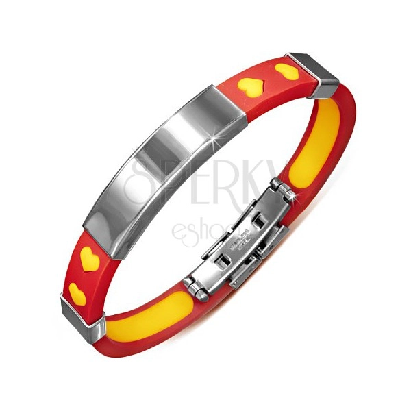 Red and yellow rubber bracelet, heart pattern and shiny plate
