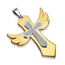 Gold stainless steel pendant - cross with wings, zircons