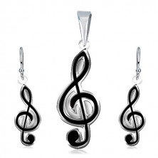 Set of earrings and pendant made of 925 silver - black treble clef