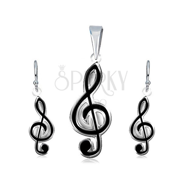 Set of earrings and pendant made of 925 silver - black treble clef