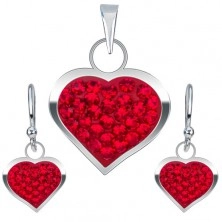 Silver set 925, earrings and pendant, red zircon heart