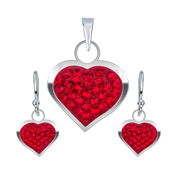 Silver set 925, earrings and pendant, red zircon heart