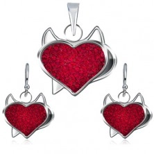 Silver set of pendant and earrings - red zircon heart, devil