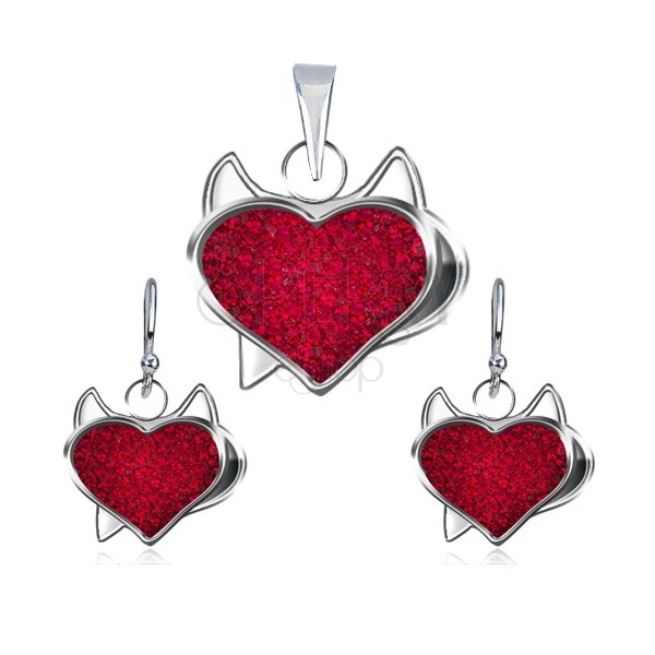 Silver set of pendant and earrings - red zircon heart, devil