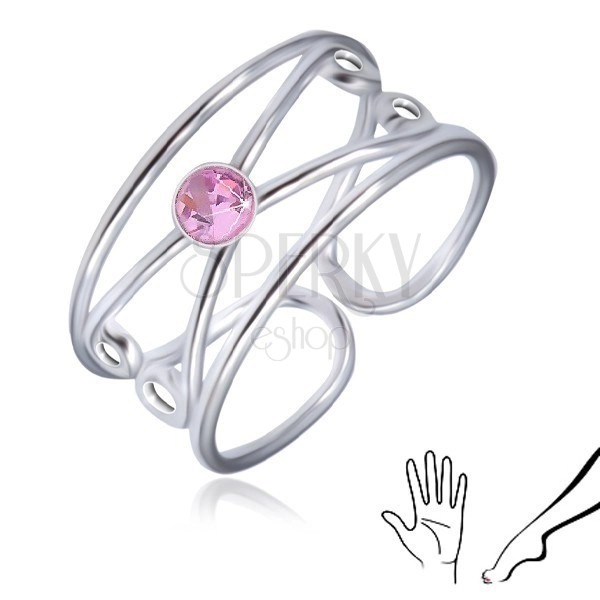 Ring made of silver 925 - round pink zircon, double loop