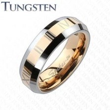 Tungsten band ring - gold-pink stripe with Roman numerals