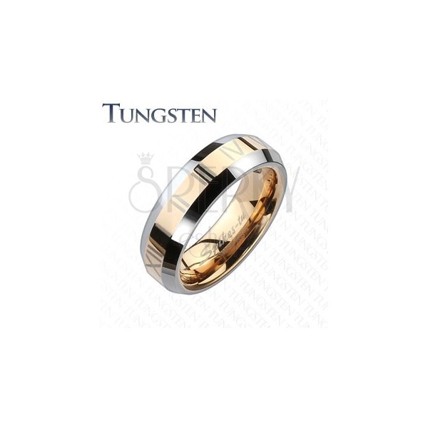 Tungsten band ring - gold-pink stripe with Roman numerals