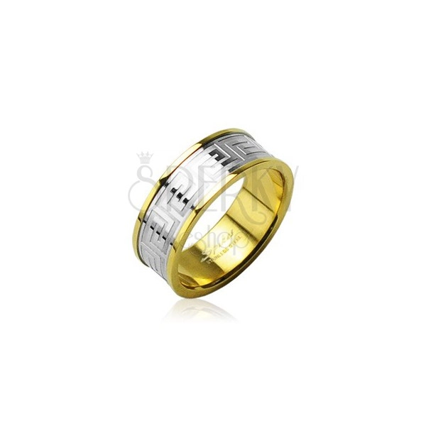 Stainless steel wedding ring of gold colour with center stripe of silver colour
