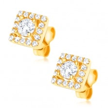 Earrings made of 585 gold - square inlaid with clear zircons, 6 mm
