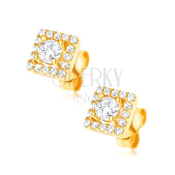 Earrings made of 585 gold - square inlaid with clear zircons, 6 mm