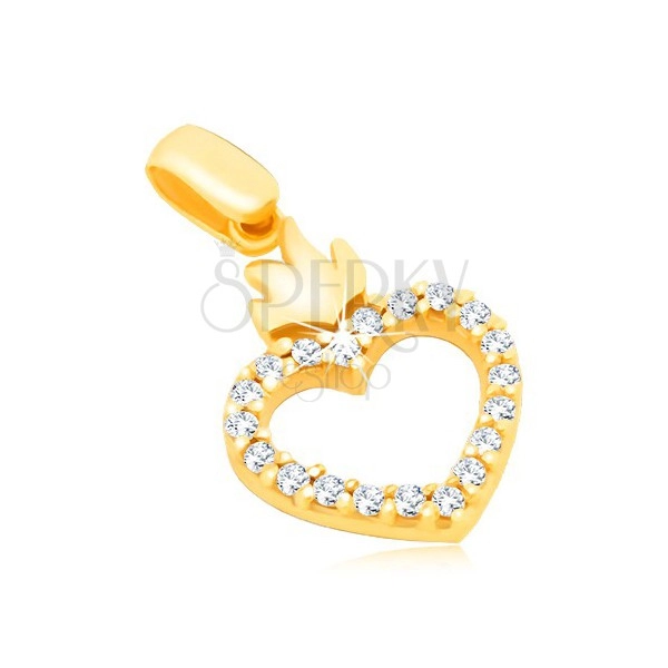 14K gold pendant - outline of heart with zircons and crown