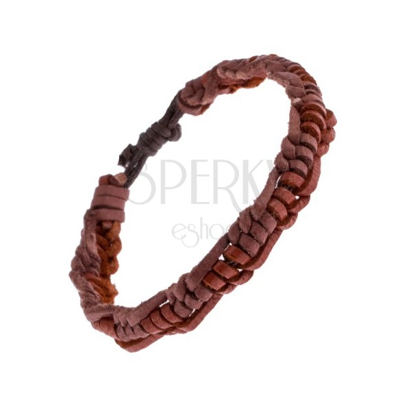 Leather braided bracelet - caramel brown and pinkish-brown stripes