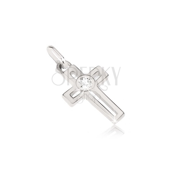 Pendant made of white 14K gold - cross with rectangular cut-out and zircon