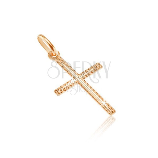 Pendant made of gold 14K - thin structured cross with nick in the centre